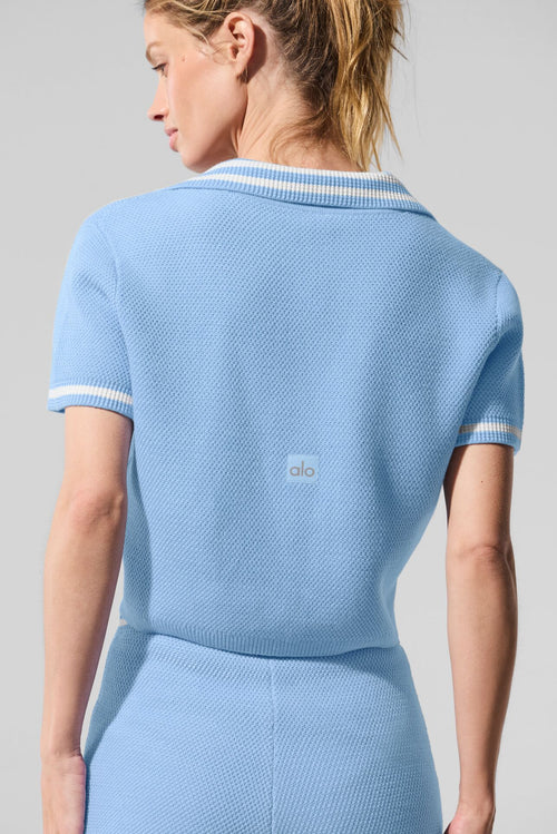 Tennis Club Sweater Knit Cropped Polo - Seashell Blue/White