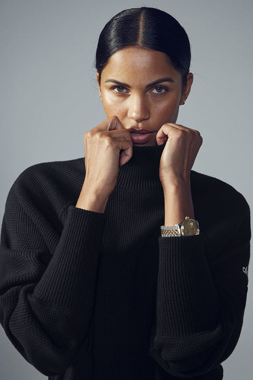 Waffle Weekend Escape Mock Neck Long Sleeve - Black