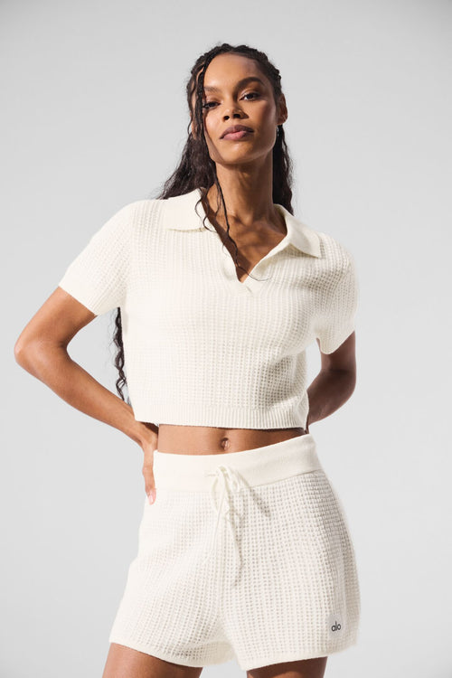 Cashmere Plush Waffle Polo Tee - Ivory