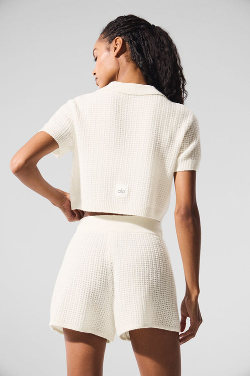 Cashmere Plush Waffle Polo Tee - Ivory