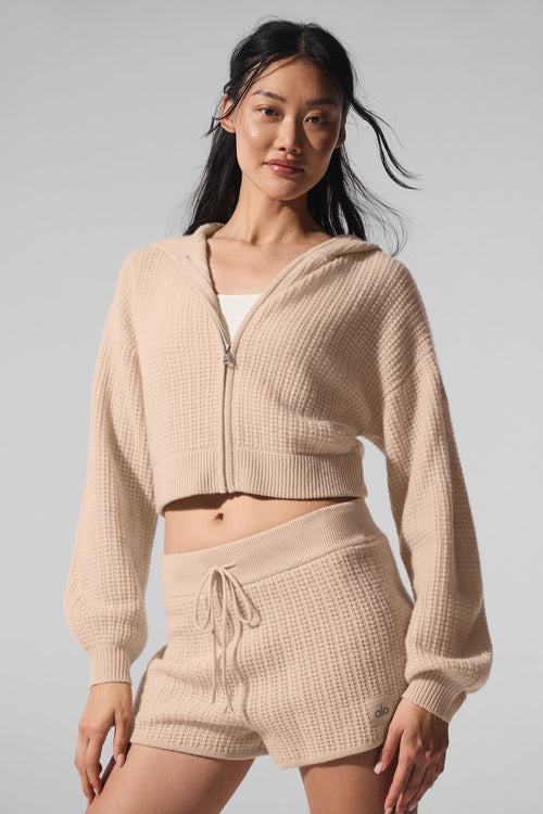 Cashmere Plush Waffle Full Zip Hoodie - Macadamia Blush