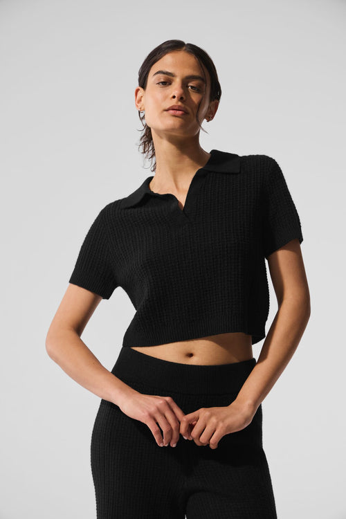 Cashmere Plush Waffle Polo Tee - Black