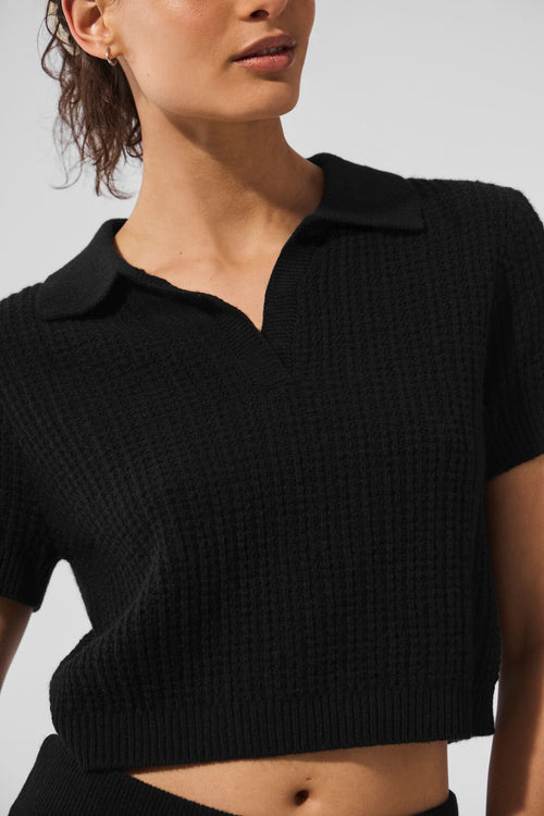 Cashmere Plush Waffle Polo Tee - Black
