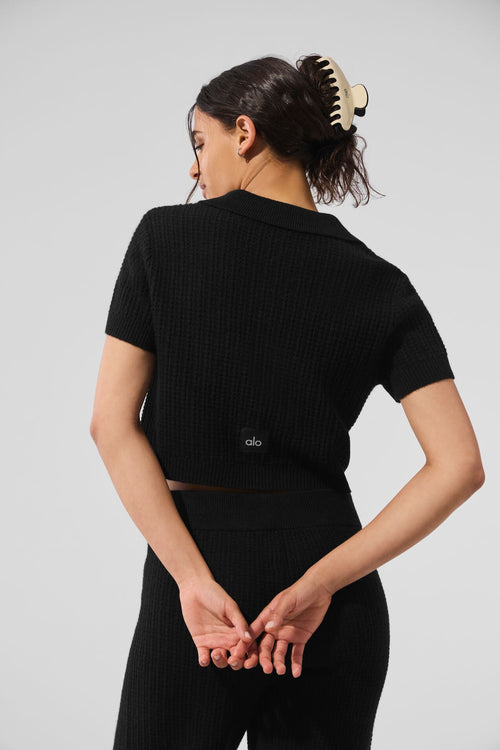 Cashmere Plush Waffle Polo Tee - Black