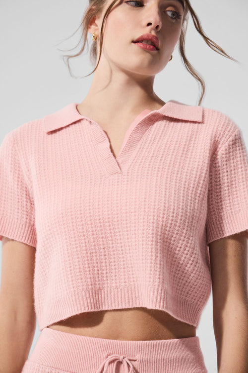 Cashmere Plush Waffle Polo Tee - Pink Quartz