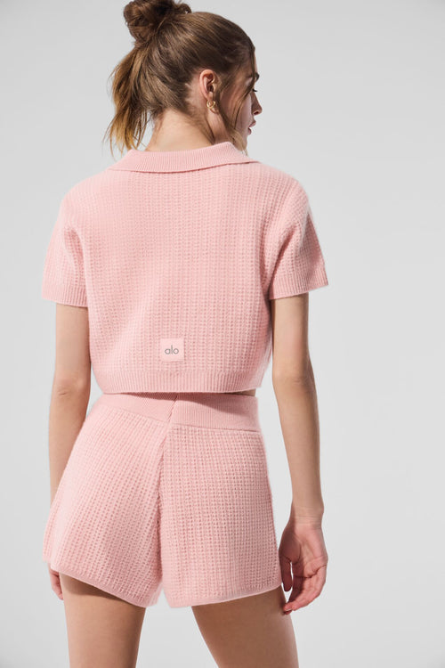 Cashmere Plush Waffle Polo Tee - Pink Quartz