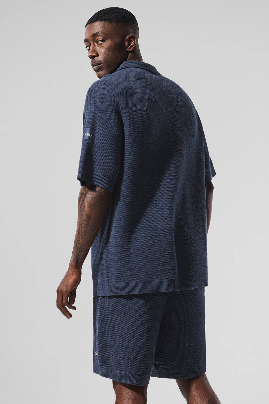 Sports Club Sweater Knit Short Sleeve Button Up - Navy – Alo