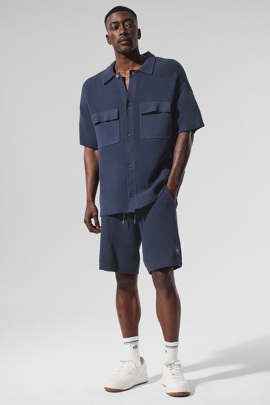 Sports Club Sweater Knit Short Sleeve Button Up - Navy – Alo