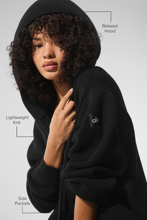 Domain Rib Knit Full Zip Sweater - Black