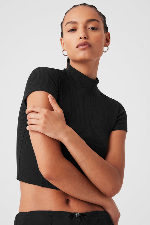 Wellness Rib Mock Neck Polished Short Sleeve - Black