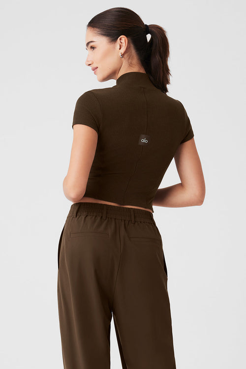 Wellness Rib Mock Neck Polished Short Sleeve - Espresso