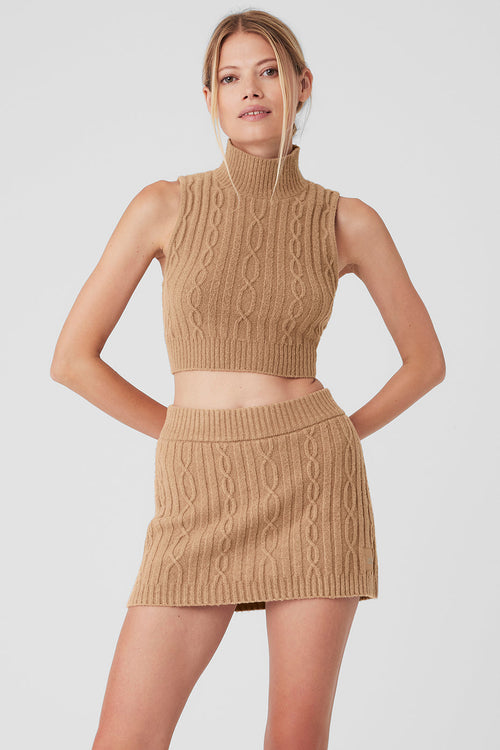 Cable Knit Winter Bliss Mock Neck Tank - Toasted Almond