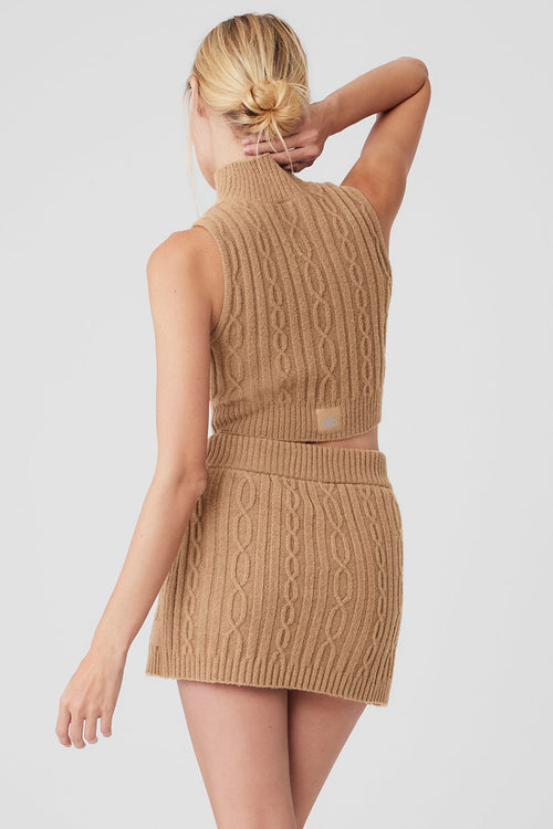 Cable Knit Winter Bliss Mock Neck Tank - Toasted Almond