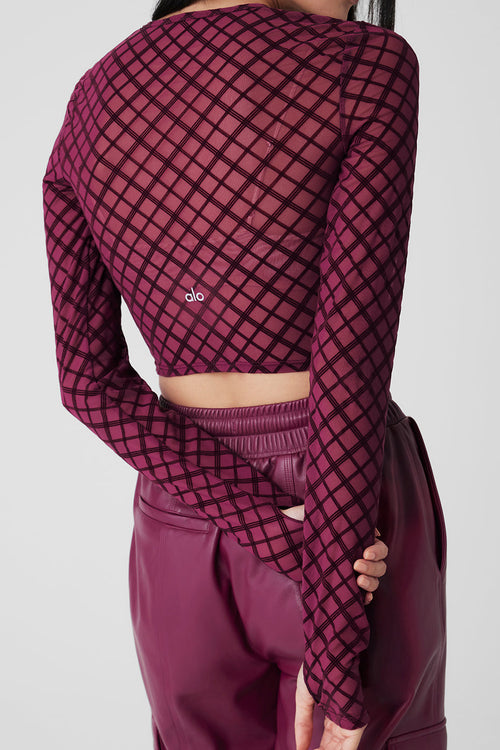 Mesh Plaid Cropped Long Sleeve Top - Wild Berry