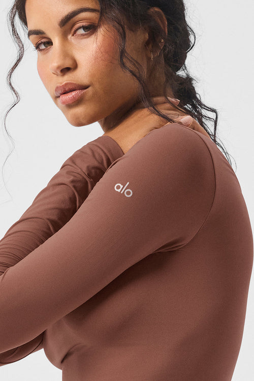 Asymmetric Sheer Glow Long Sleeve - Chestnut