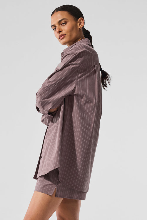 Pinstripe Daylight Button Down Long Sleeve - Mushroom/Ivory