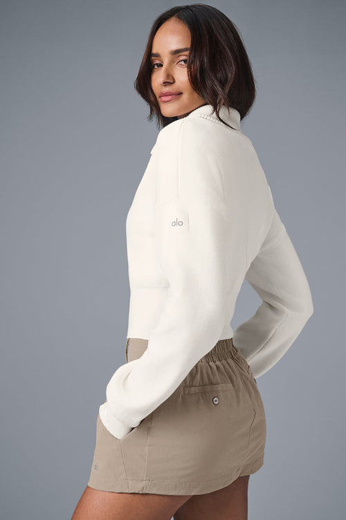 Scholar Knit Cropped Full Zip Jacket - Ivory