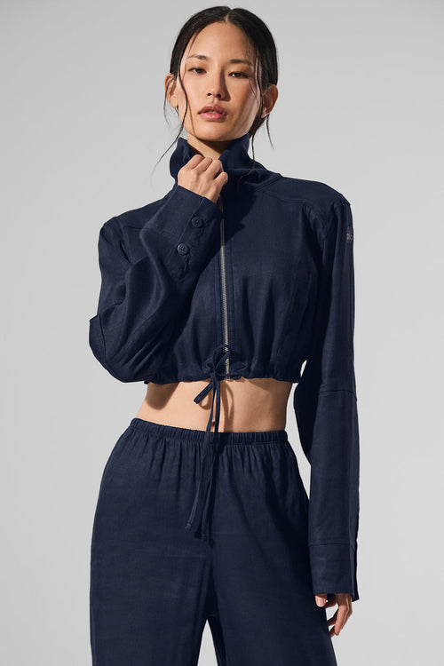Linen Cropped Getaway Jacket - Navy