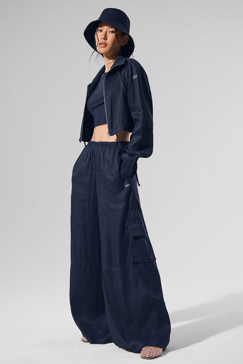 Linen Cropped Getaway Jacket - Navy
