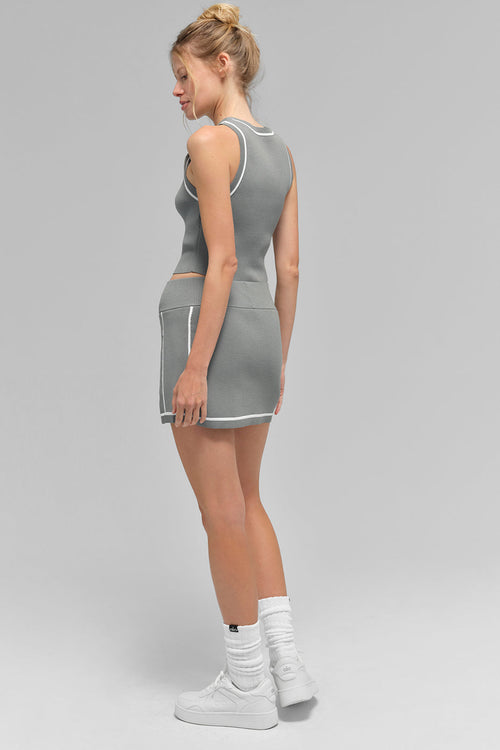 Ribbed Sweater Knit Highline Mini Skirt - Lunar Grey/White