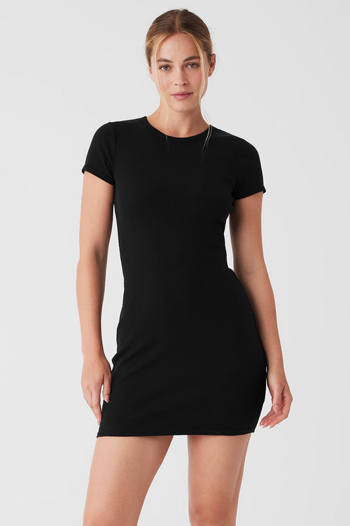 Goddess Ribbed Short Sleeve Dress - Black